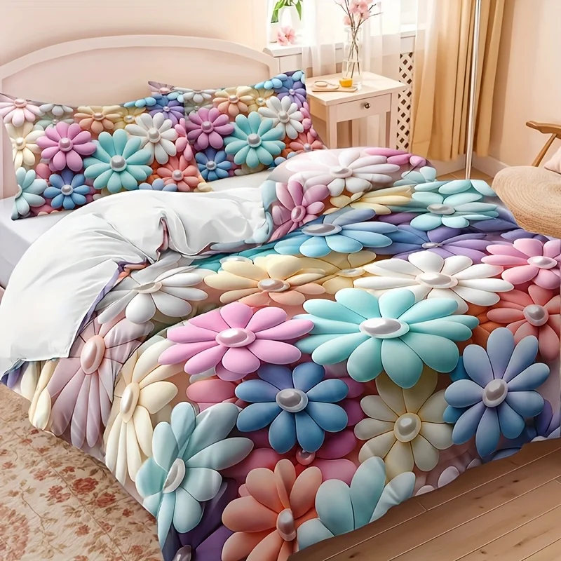 

Vibrant Floral Print Duvet Cover Set Polyester All-Season Machine Washable for Home And Dormitory Decor