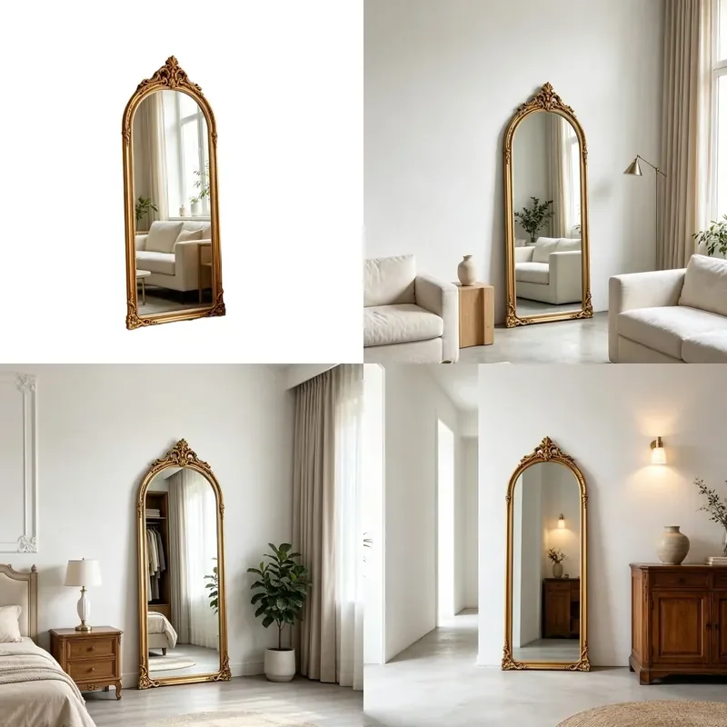 for American Light Luxury Retro Carved Full Length Mirror Wall Hanging Classical Atmosphere Fitting Mirror Bedroom Living