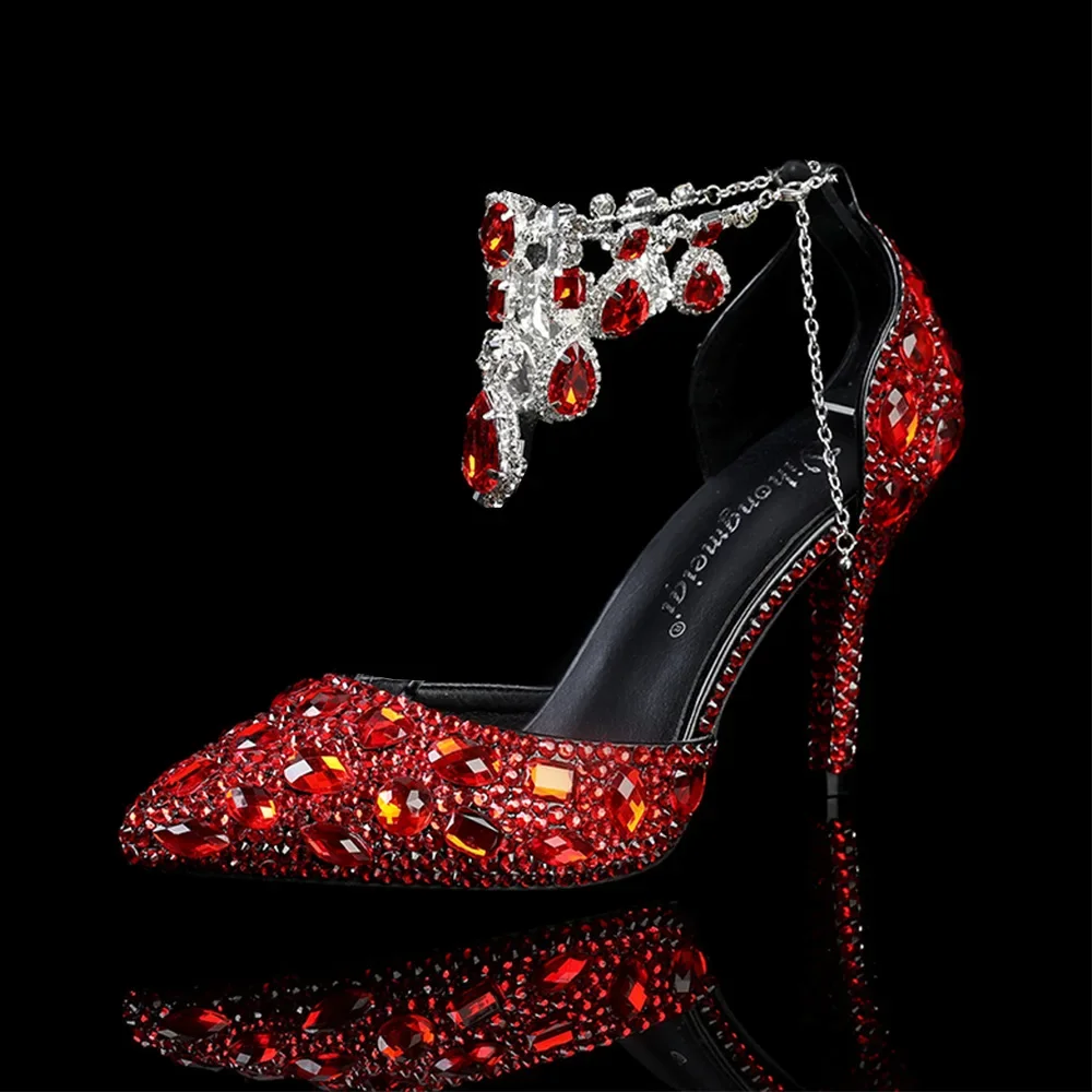 2024 Large 34-43 Tassel Blue Rhinestone Wedding Shoes 9cm Slim Heel Pointed Sandals Luxury Rhinestone Wedding Shoes