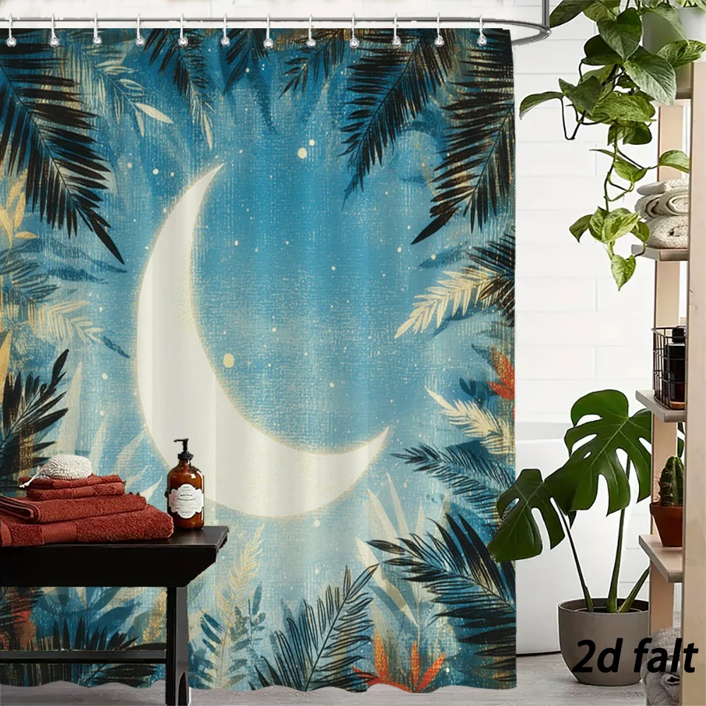 Mystic Tropical Jungle Night Scene Big Crescent Moon Palm Tree Leaves Sparkling Starry Sky Flannel  Soft Light Warm