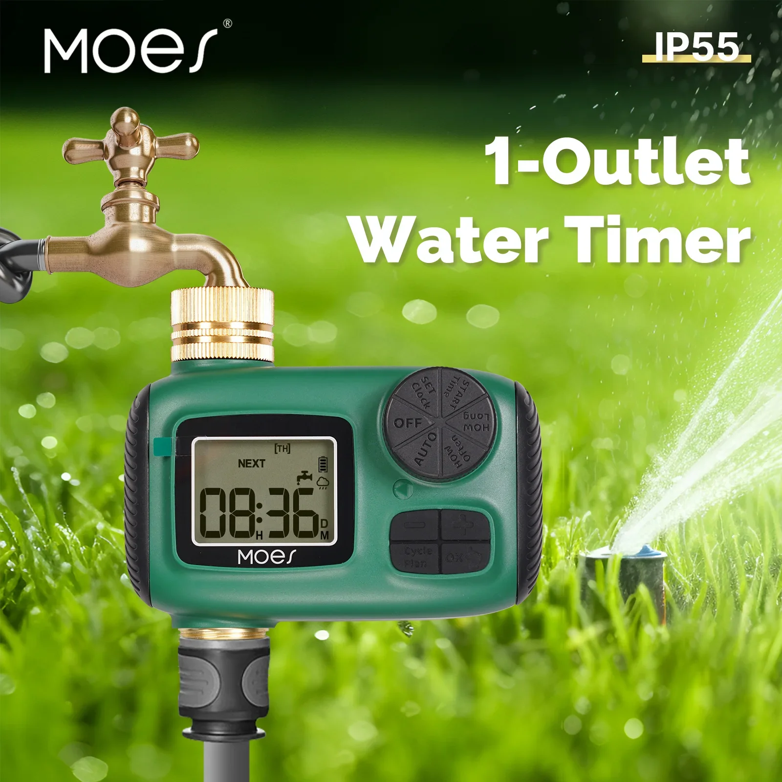 

Таймер воды с 1 выходом и ЖК-дисплеем, латунным входом, поворотной ручкой управления, водонепроницаемостью IP55, задержкой дождя и блокировкой от детей, орошение сада