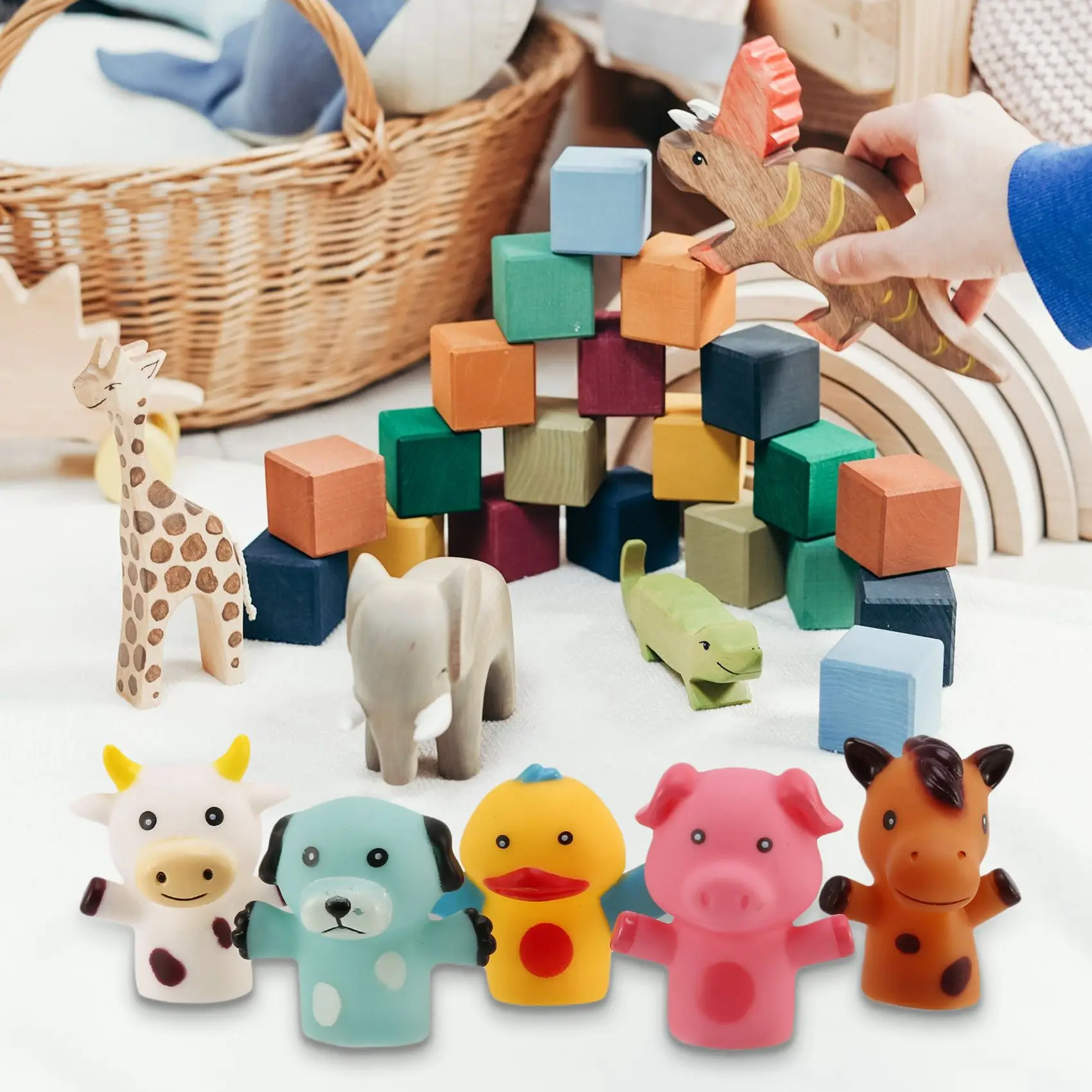 Finger for Children and Babies 5 Farm Animals PVC Bath Toys Hand Doll Set Early Eductional Toys(C)