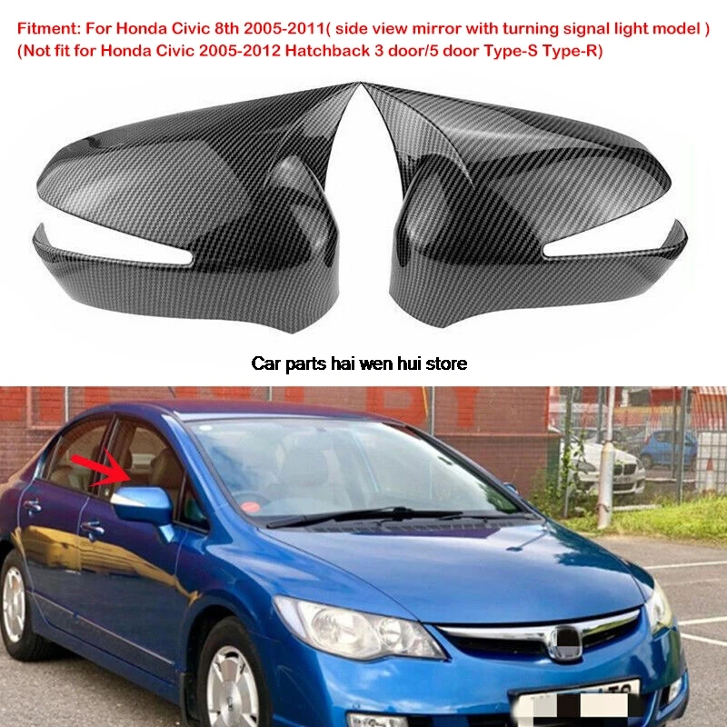 For Honda Civic 8th 2005-2011 Car Rearview Side Mirror Cover Wing Cap Sticker Door Rear View Case Trim Carbon Fiber Look Black