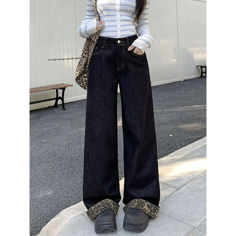 

Весна-Осень 2023, женские широкие джинсы с леопардовым принтом, облегающие прямые длинные брюки длиной до пола