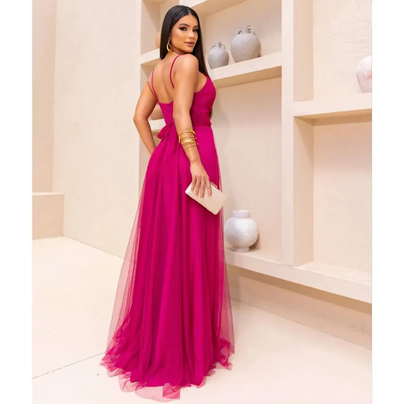 Elegant Long V-Neck Fuchsia Evening Dresses Spaghetti Straps A-Line Tulle Floor Length Backless Prom Dress for Women