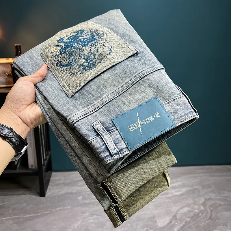 

LB8292 Light luxury embroidery broken holes patch jeans men's Slim small feet spring new tide elastic leisure trousers