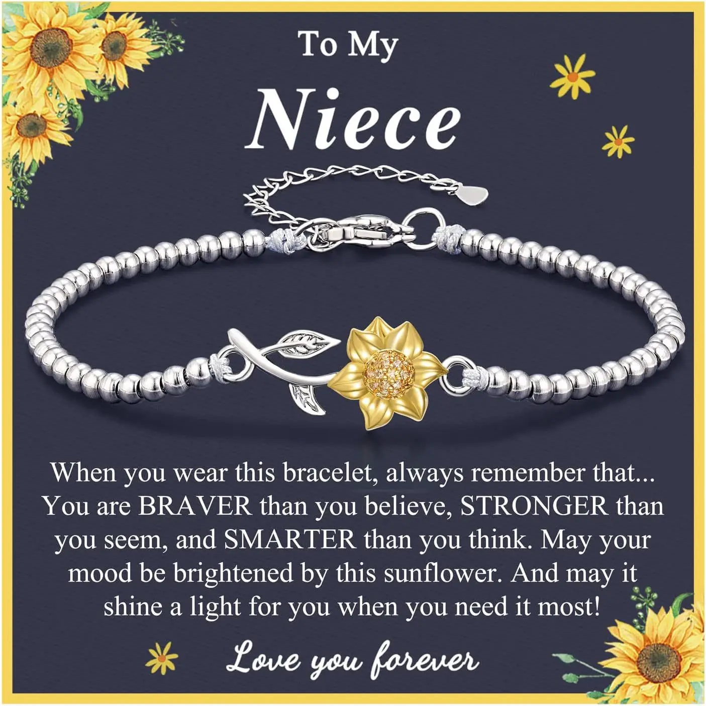 Stainless Steel Metal Beads Golden Sunflower Charm Handmade Wrap Inspirational Bracelets for Birthday Gift for Daughters Nieces