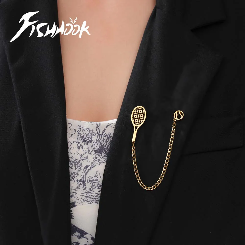 Sports Tennis Ball Racket Pin Brooch Gift for Woman Men Lady Couple Gold Color Stainless Steel Metal Breastpin Jewelry Uniform