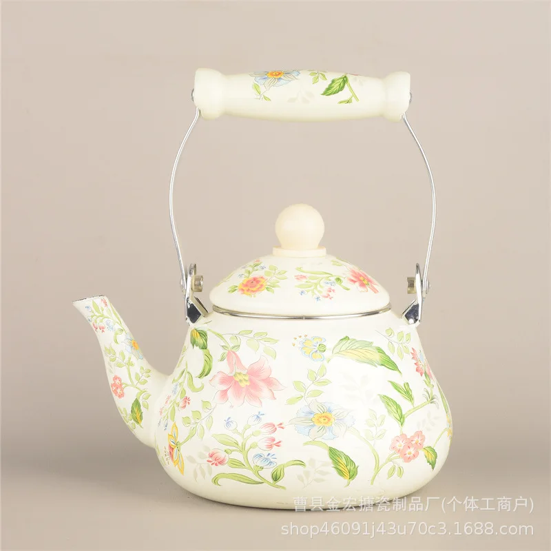 

WW floral enamel pot wooden handle boiling water household enclosure furnace can be heated pot retro enamel pot