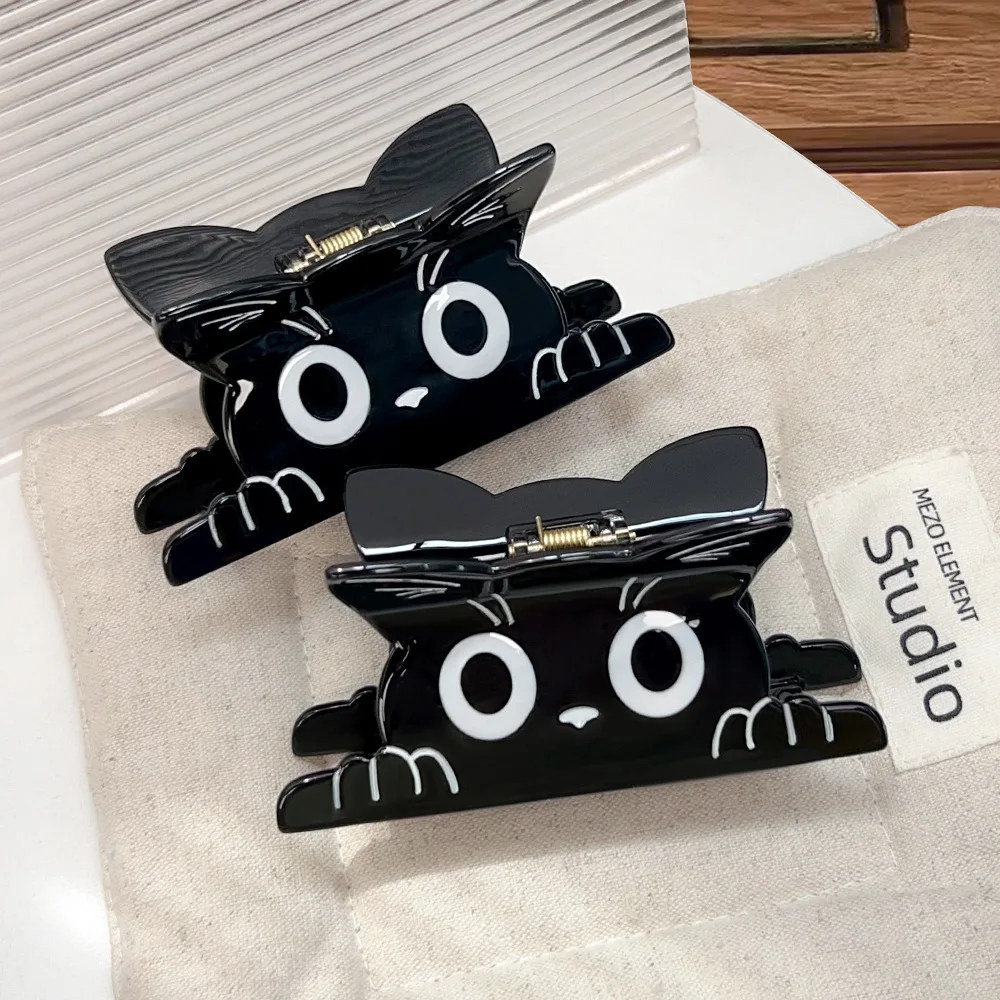 

Милая когтеточка для кошек, мультяшная ацетатная когтеточка для волос, универсальная большая заколка для волос с черным котом и акулой, аксессуары для волос для женщин