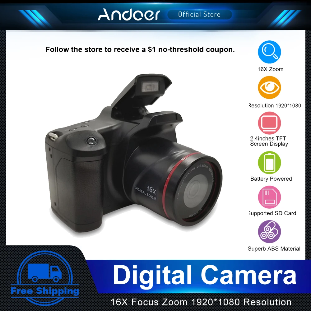 Andoer Digital Camera 16X Focus Zoom 1920X1080 SLR Camera Supported 32GB Card Portable Digital Camera for Travel Photos Taking