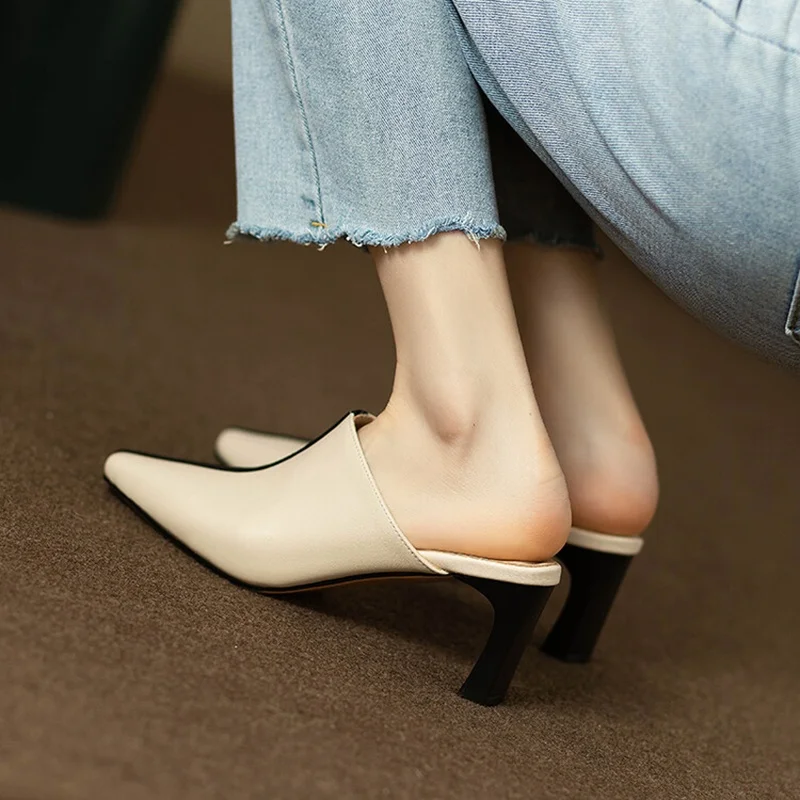 NEW Summer Women Mules Split Leather Shoes for Women Cover Toe High Heel Women Slippers Square Toe Slingback Designer Sandals