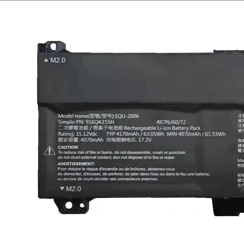 

Аккумулятор для ноутбука SQU-2006 916QA155H AEC616072-4S1P для Hasee S8D6 Z7D6 Z8D6 для Raytheon 911X QNLXS0 серии 15,12 В/6,53ч/4070 мАч