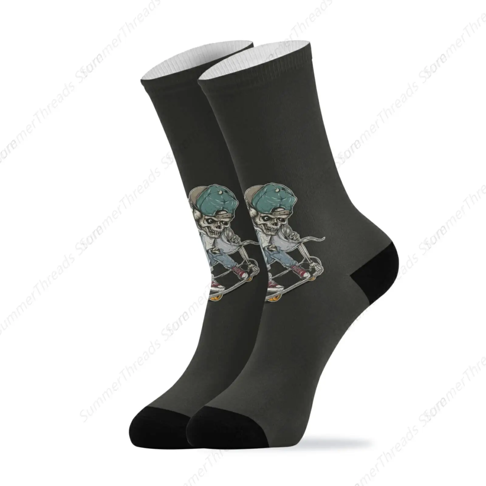 Vintage Old Hand Drawn Skeleton Riding a Skateboard on Black Dark Unisex Long Casual Socks Athletic Crew Socks for Women Men