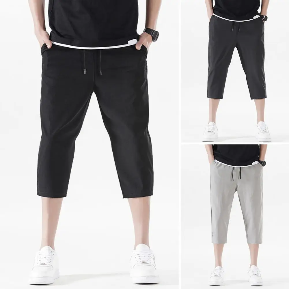 Men Cropped Pants Elastic Waistband Drawstring Design Quick-Drying Breathable Fabric Loose Fit Sports Leisure Summer Male Pants