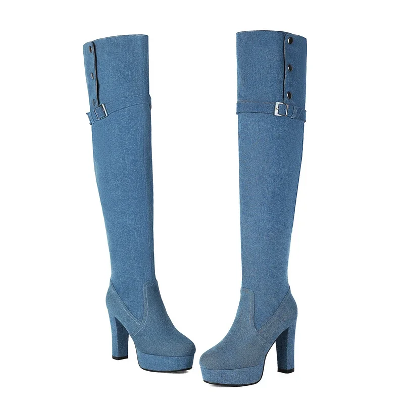 

Denim Jeans Blue Round Toe Block High Heels Women Boots Overknees Platform Mature Buckle Strap Punk Over-the-knee Botas Shoes