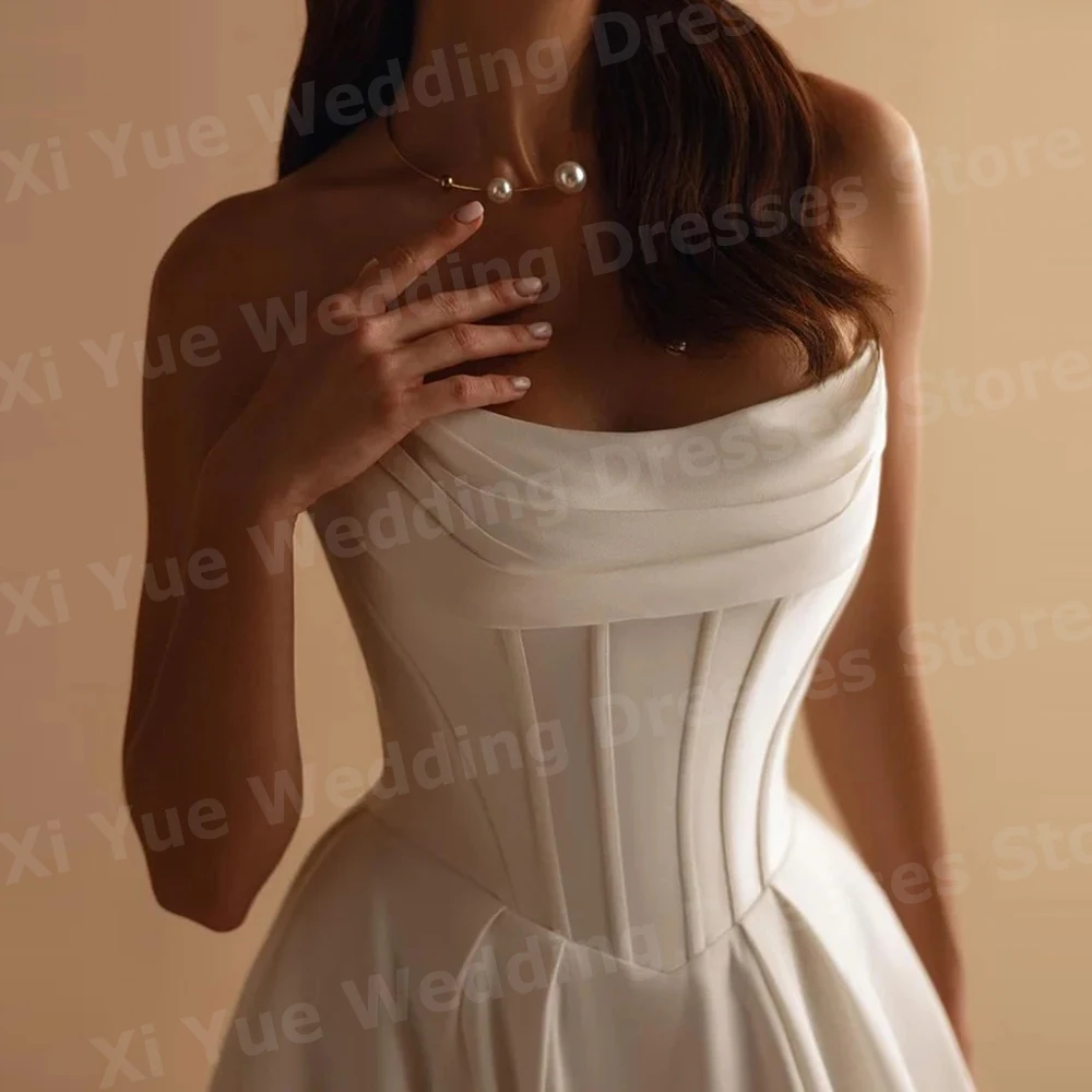 2025 Simple A Line Women's Wedding Dresses Strapless Satin Vestido De Novia Bride Gowns Customized Sleeveless Backless Vestido