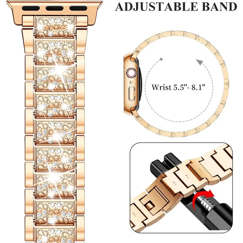 حافظة ماسية + حزام من الفولاذ المقاوم للصدأ لساعة أبل 40 ملم 41 ملم 44 ملم 45 ملم سوار معدني لسلسلة iWatch 9 8 7 6 5 4 SE
