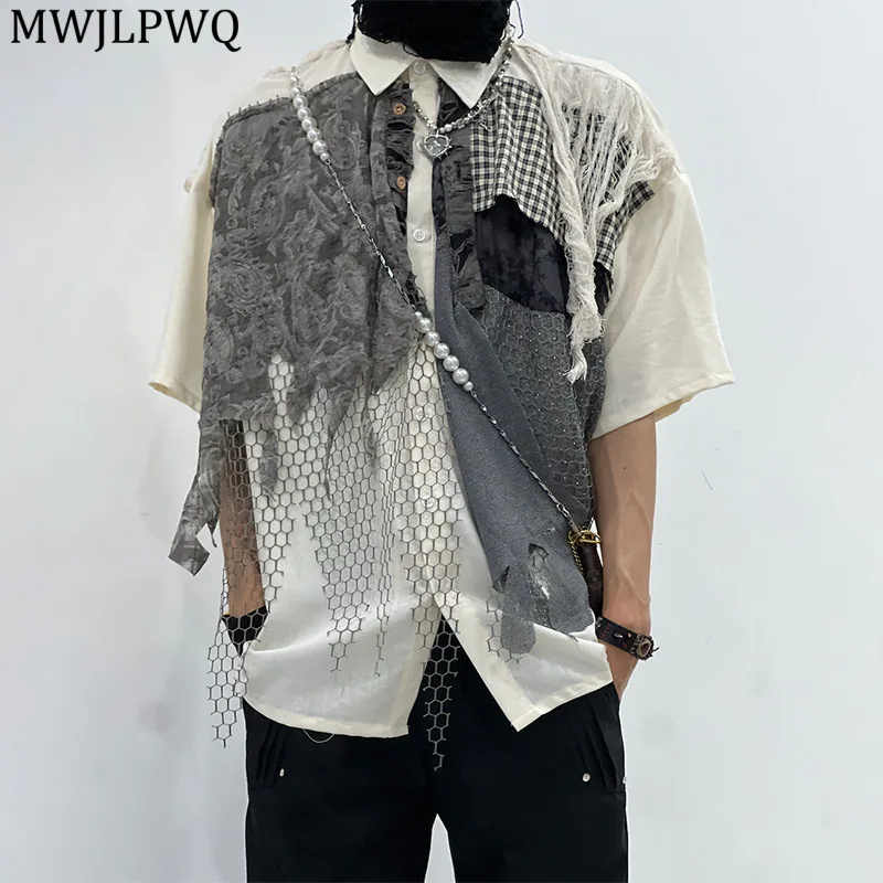 

MWJLPWQ Splliced Hollow Design Shirt For Men Long Sleeve Lapel Fashion Niched Loose Casual Couples Tops 2025 Summer 20985