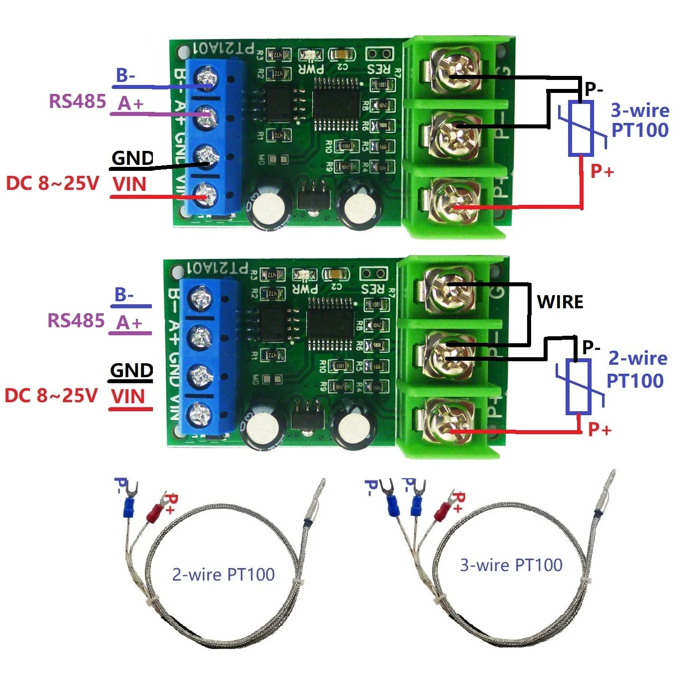 PT21A01 1CH 500 Celsius PT100 RTD Thermocouple Celsius Fahrenheit Wide RS485 Temperature Measurement Modbus RTU Board Sensor