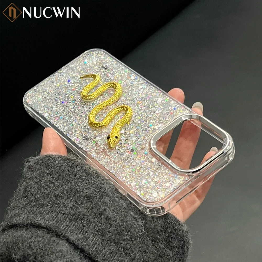 Luxury Electroplate 3D Gold Snake Case For iPhone 16 15 14 13 12 11 Pro Max 15 16 Plus 7 8Plus X XS Max Glitter Bling Back Cover