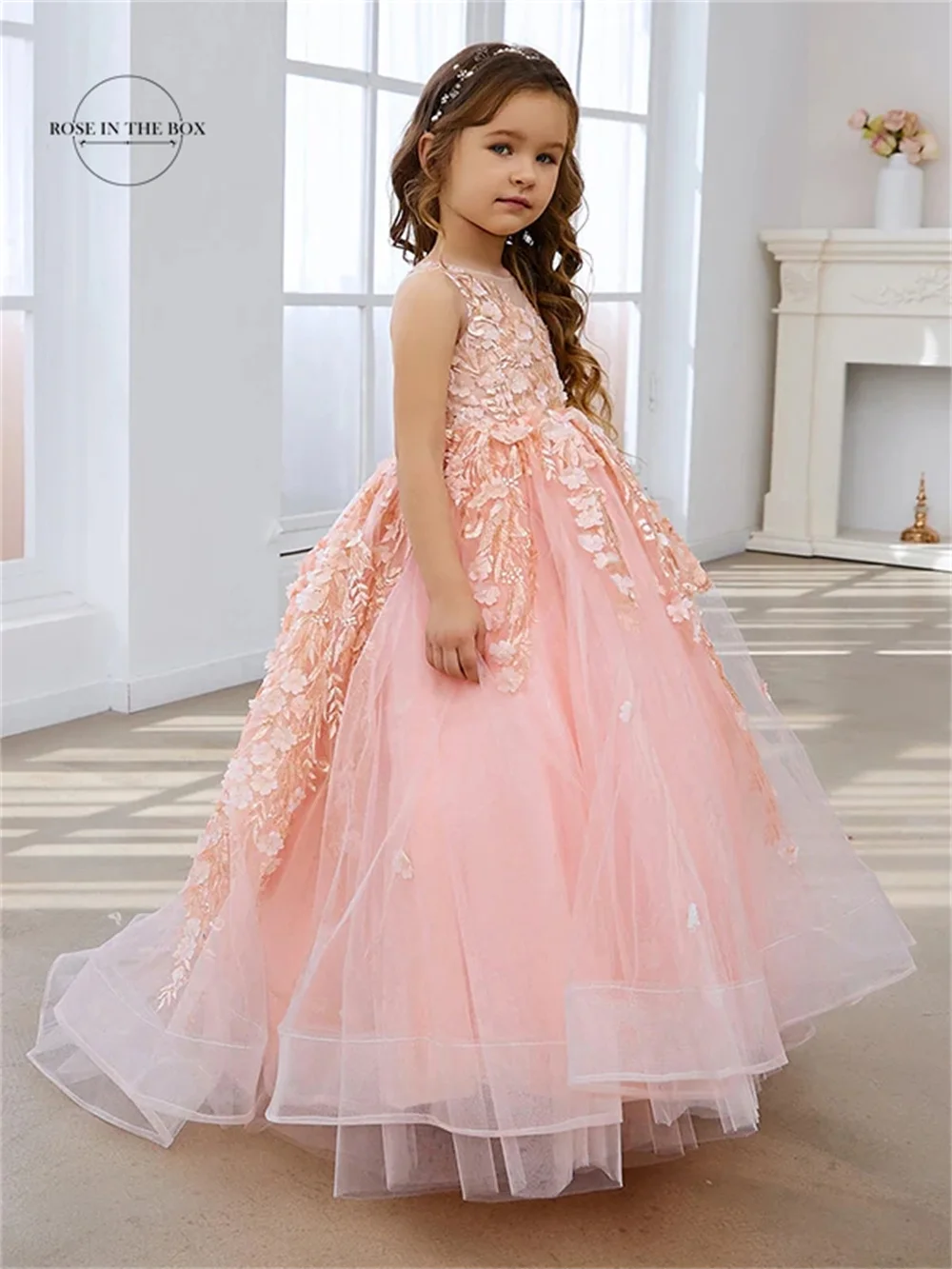 Pearl Pink Princess Ball Gown for Girls with Lace Appliqués Luxury Long Tulle Maxi Flower Girl Dress Kids Bridesmaid Birthday