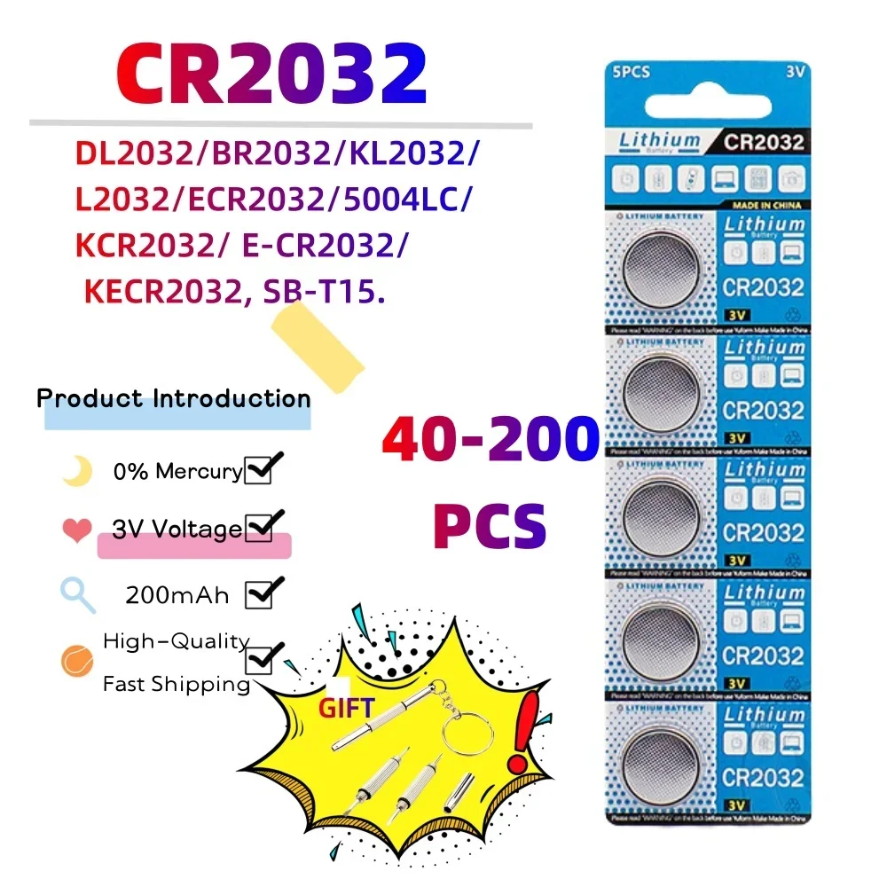 

40-200 шт., литиевая батарея CR2032 3 в 200 мАч, CR 2032 DL2032 ECR2032 для часов, игрушек, калькуляторов, кнопочных элементов дистанционного управления автомобильным ключом