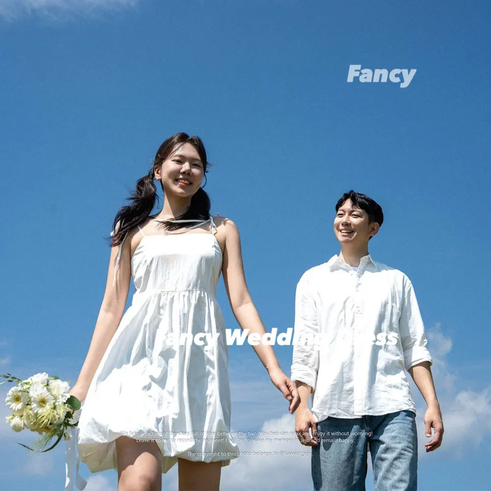 

Fancy Simple Spaghetti Straps Wedding Dress Korea Photo Shoot Taffeta Mini Short Bridal Gown Back Corset Customized