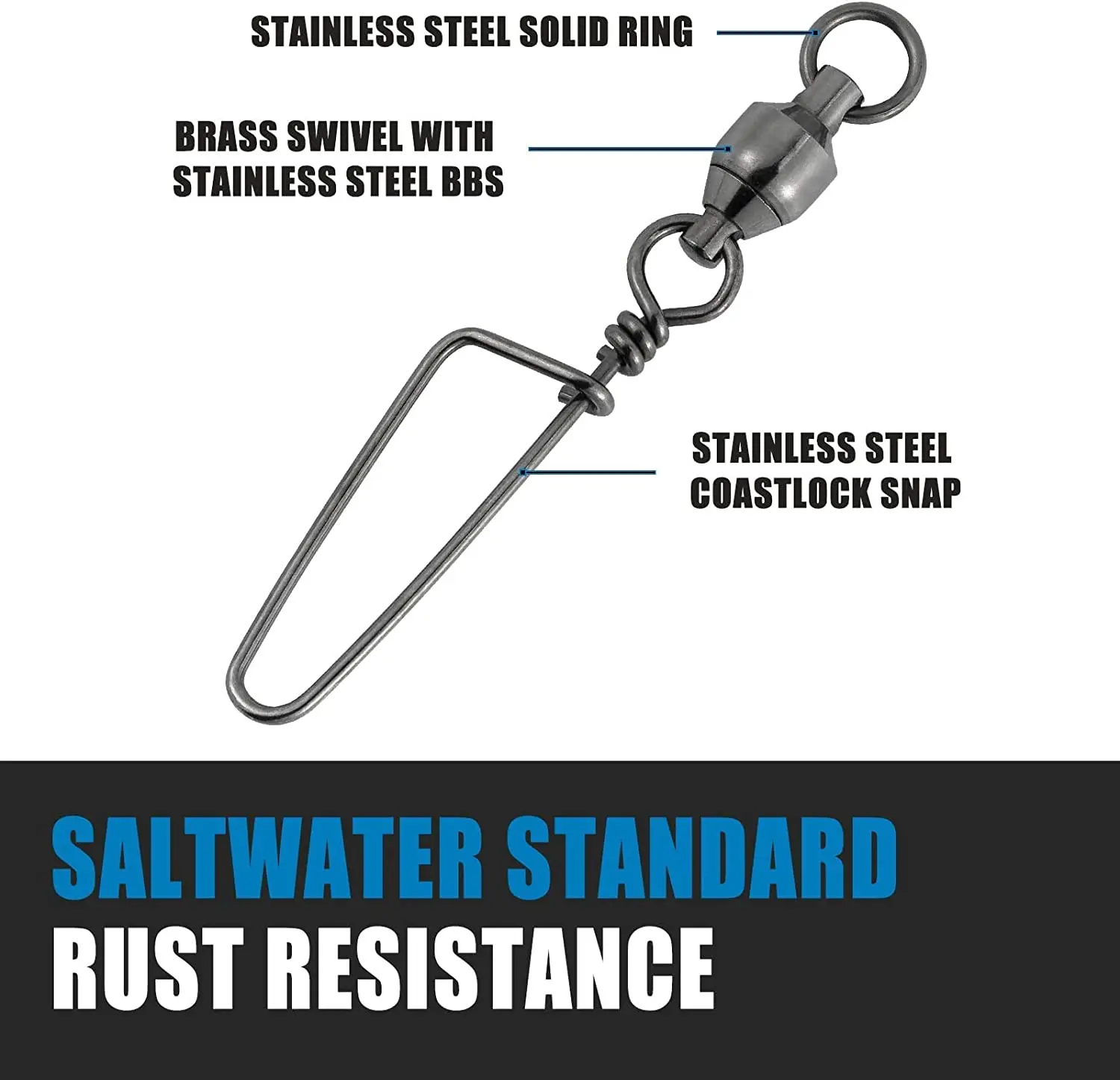 Fish trip Fishing Snap Swivels Kugellager wirbel mit Edelstahl Coastlock Snap korrosions beständige schwarze Nickel beschichtung – Detail 4