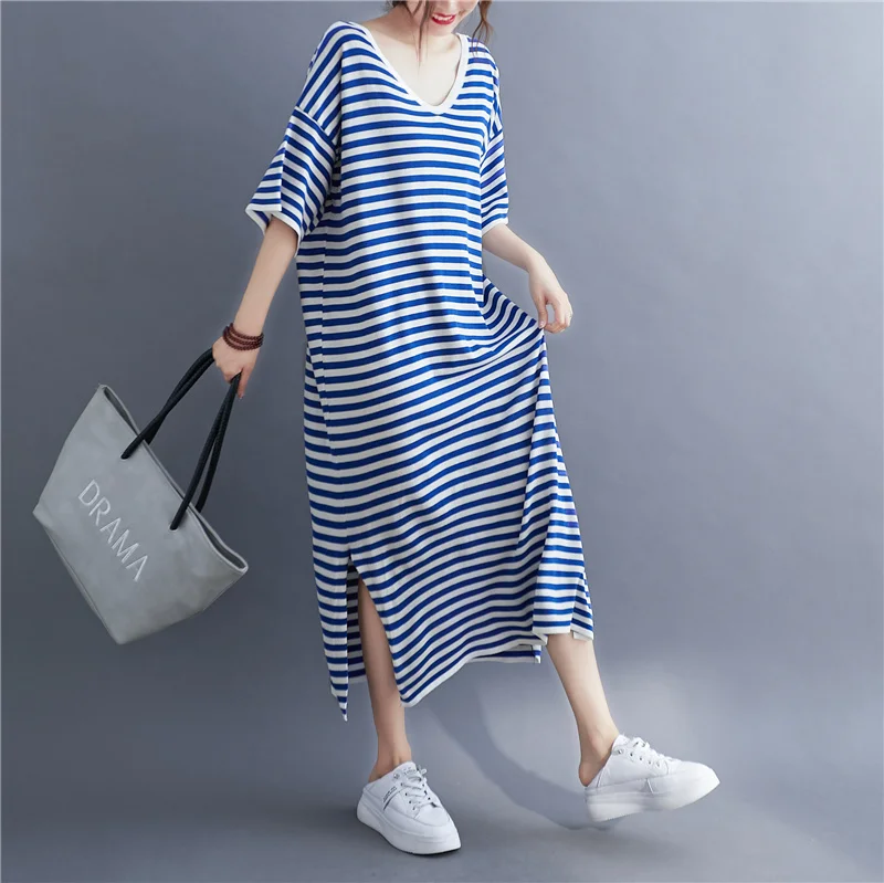 #3349 Blue Striped Knitted Dress Women V-neck Elastic T Shirt Dress Short Sleeve Sexy Loose Split Long T-shirt Dresses Summer