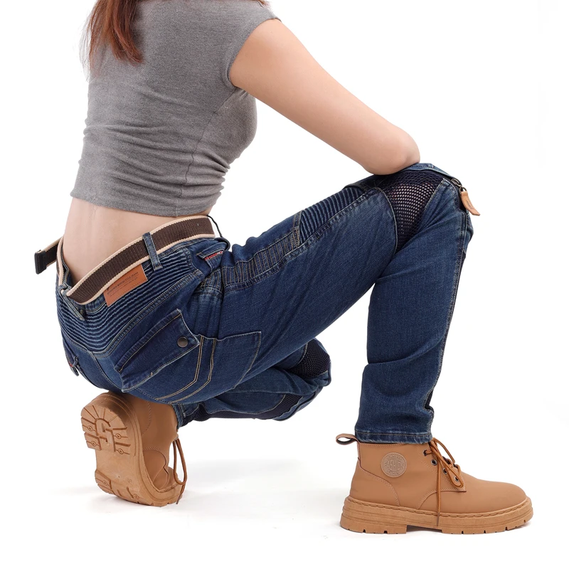 Celana Jeans Motor Kevlar Wanita Musim Panas Biru Celana Motor Trail Tahan Gesekan Anti Angin Celana Berkendara