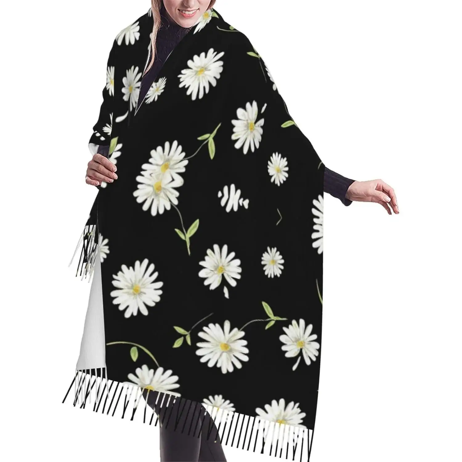 

Шарф с бахромой и принтом ромашки, легкий женский модный шарф, мягкая шаль, шарф с кисточками, подарок для подарка, женский весна-осень-зима