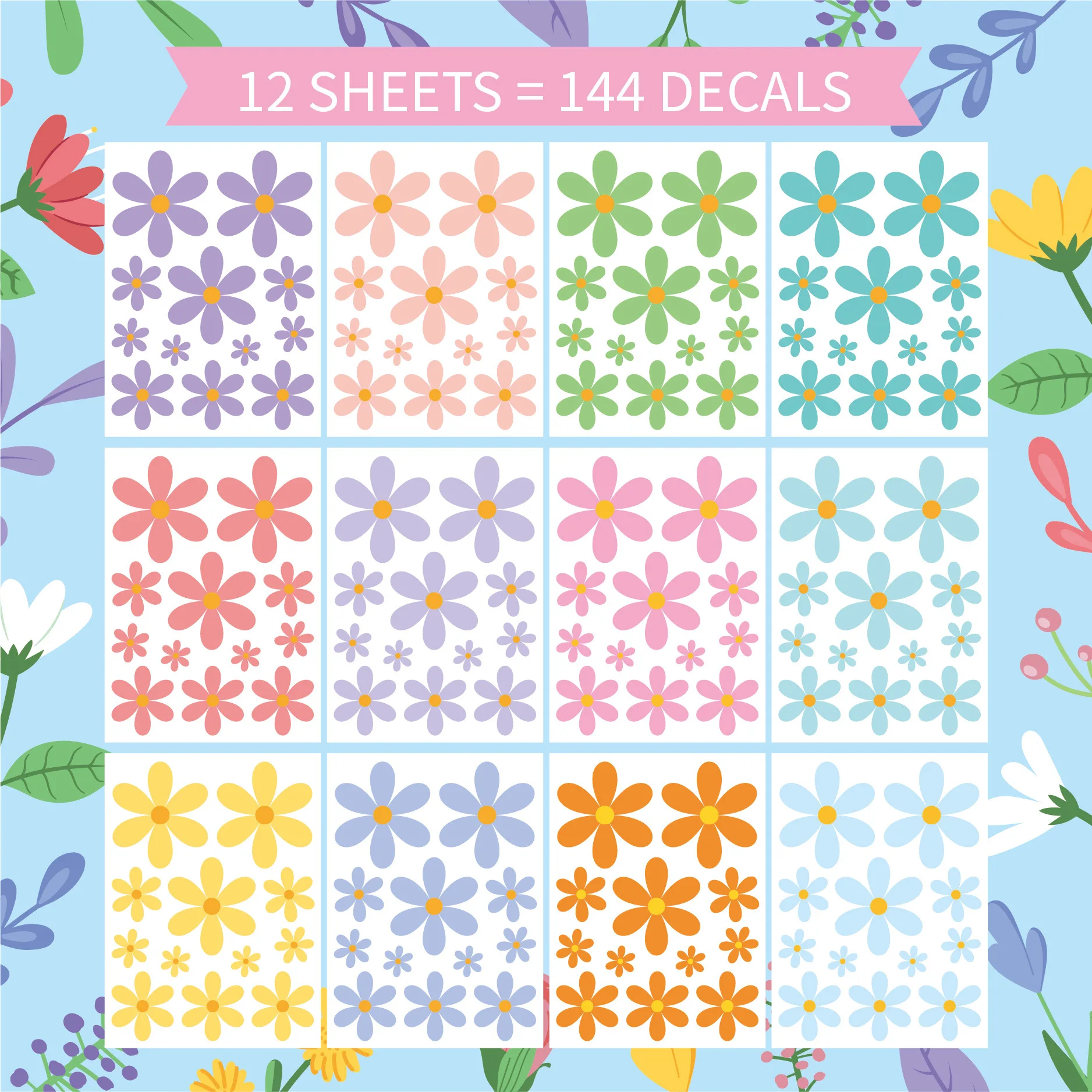 Colorful Daisy Wall Stickers, Waterproof Self-Adhesive Home Decor for Bedroom Nursery Kids Room Decoration