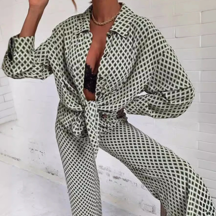 Two Piece Sets Women Print Pant Set Turn Down Collar Full Sleeve Shirt Coats Tops Loose Casual Long Wide Leg Pants High Waist