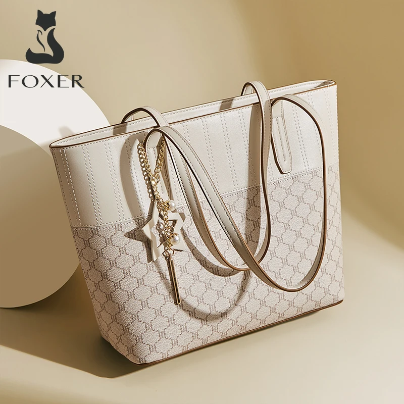 FOXER-Sac à Main Signature en Cuir PU pour Femme, Fourre-Tout avec Pendentif, de Grande Capacité, Monogramme, à la Mode