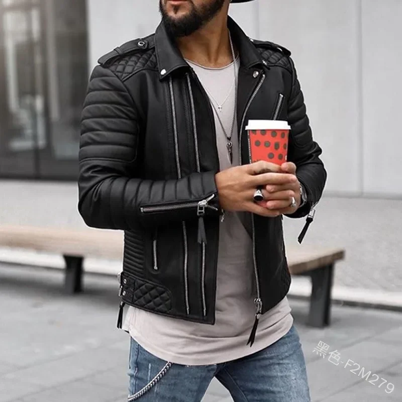 New Autumn Winter Men\'s Thickened Lapel Clothes Coat Jackets Zipper Pu Leather Jacket Long Sleeve