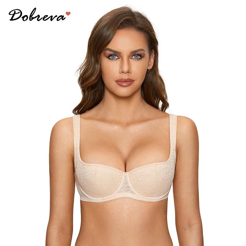 

DOBREVA Women's Push Up Balconette Bra Sexy Lace Demi Underwire Shelf Plus Size Lightly Padded