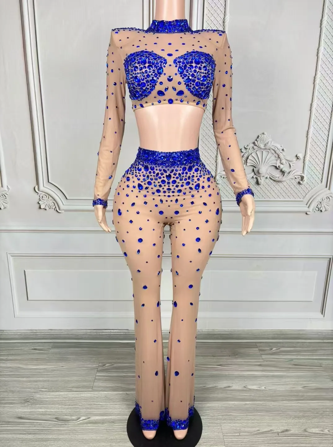 

Blue Glittered Lace G-string Sexy Two-pieceEvening Gown Birthday Party Bar Night Club SingerDancer Stage Costume D317