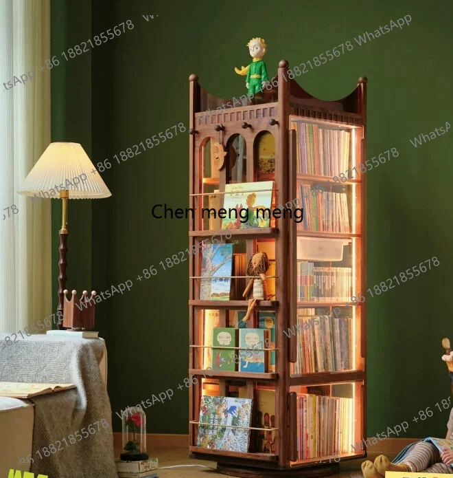 Rotating bookshelf, displaying the ancient 360-degree children's solid wood bookcase in the dental cabinet