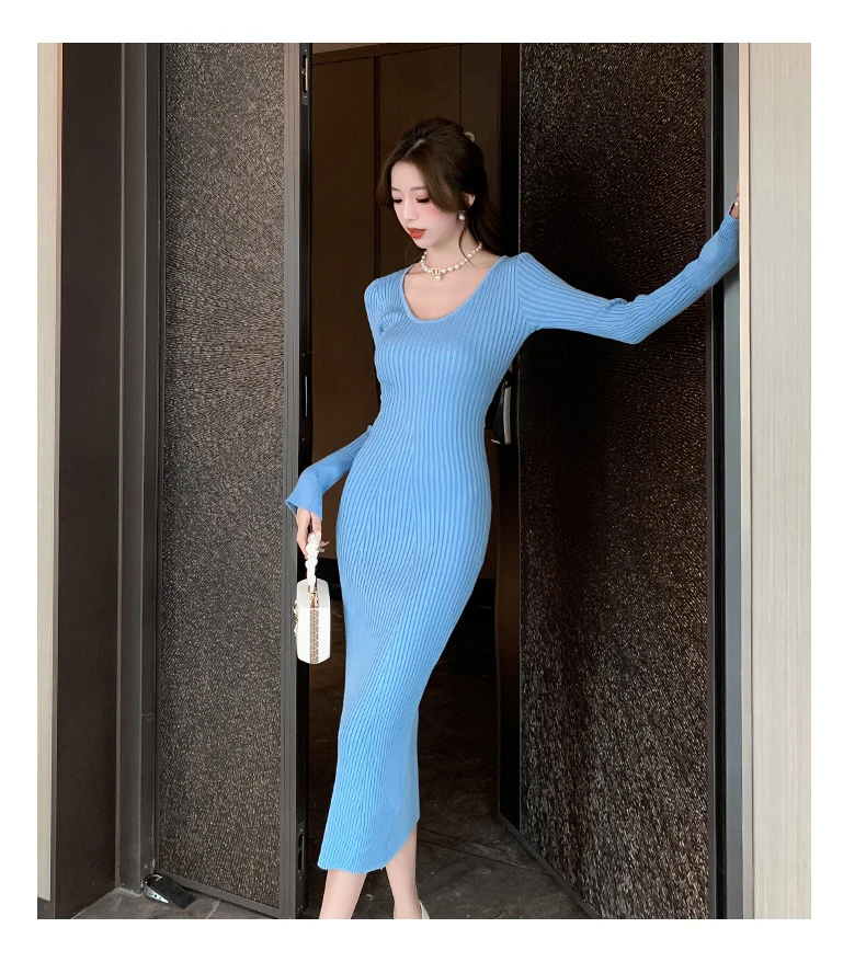 Langes Strickkleid für Damen 2026 Herbst Winter Neuerscheinung Langes Kleid mit Trompetenärmeln und V-Ausschnitt Koreanischer Stil Modisches Damenkleid – Detail 23