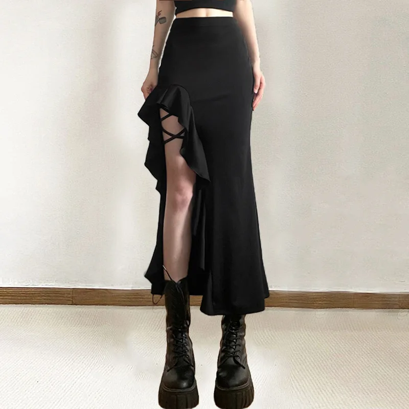 

Nibber All-match Commuter Casual Young Girl Summer New Black Cross Simple Sexy Cool Breathable Soft Women's Knit Split Skirt