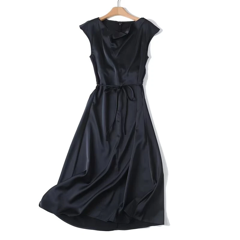 

Jenny&Dave French Elegant Summer Sleeveless Satin Dress Minimalist Navy Blue Women's Commuting Casual Sleeveless Dresses
