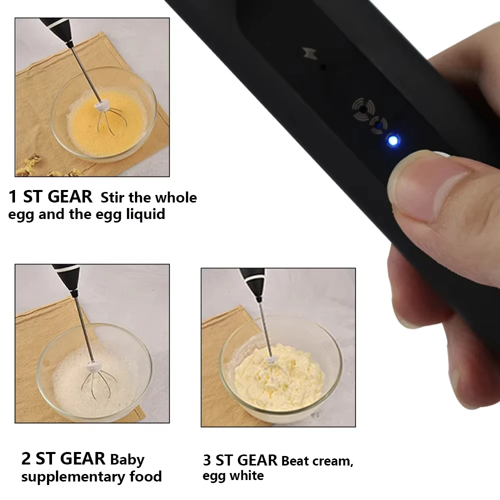 1PCS electric milk frother, handheld egg beater, USB rechargeable 3-speed blender, coffee beverage frother, food mixer