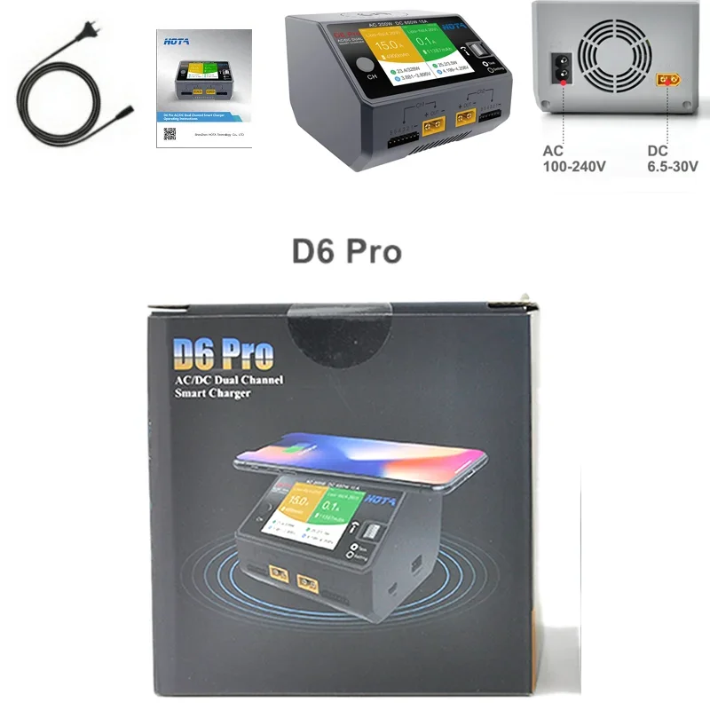 Hota D6 Dual/Pro Smart Charger AC 200w DC 650w 15a for Lipo Liion Nimh Battery with Iphone Samsung Wireless Charging