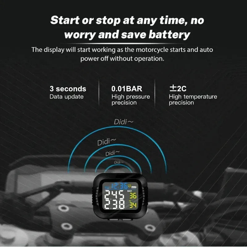 Motorcycle TPMS Tire Pressure Monitoring System Temperature Alarm With 2 External Sensors Moto Tyre Alarm Systems Real Time