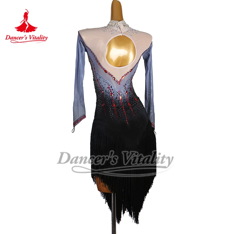 여성 고급 AB 스톤 라틴 댄스 전문가용 하이넥 프린지 스커트 성인 차차 삼바 공연 및 대회 드레스 맞춤 제작