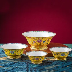 Chinese Enamel Ceramic Bowl Golden Stroke Large High Feet Anti-scald Soup Bowls Salad Bowl Hotel Home Tableware Flower Pattern