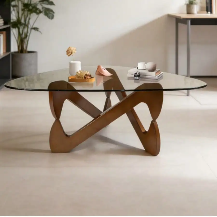 

Mid-Century Modern Triangle Coffee Table: Glass Top With Abstract Wooden Base – Irregular Geometric End Table For Living Room, Study, Hotel & Balcony (Walnut, 35.8")