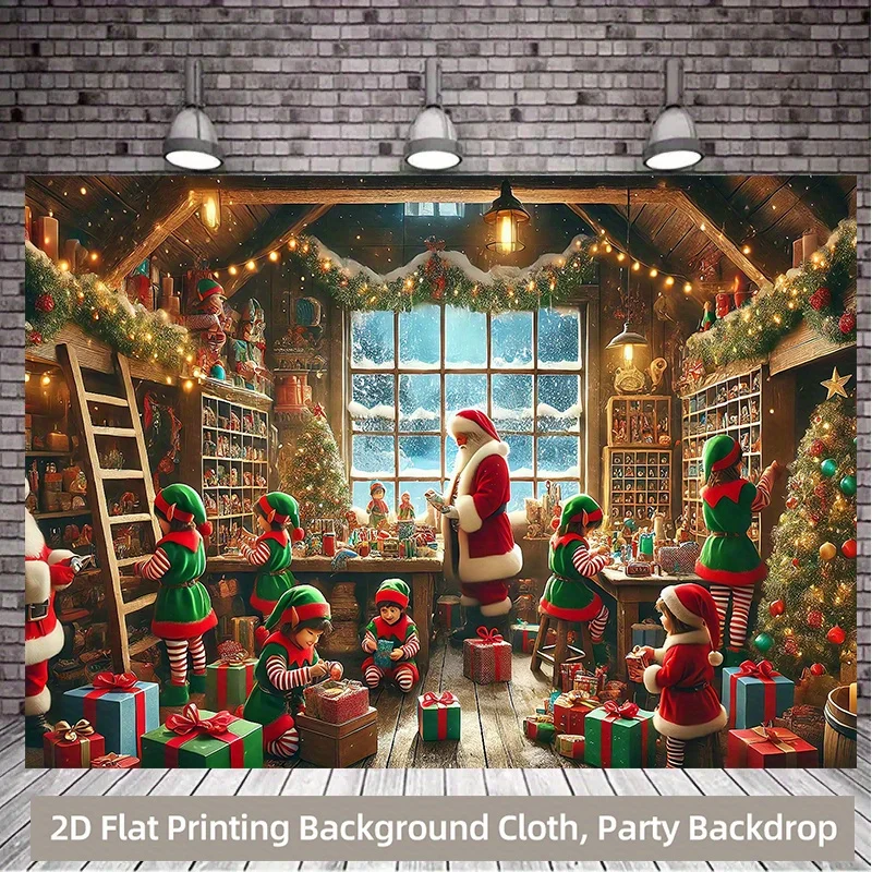 Santa and Elves Gift Workshop Tapestry, Twinkling Snowy Window Christmas Scene, Festive  for Party Photo Booth and Home Decor