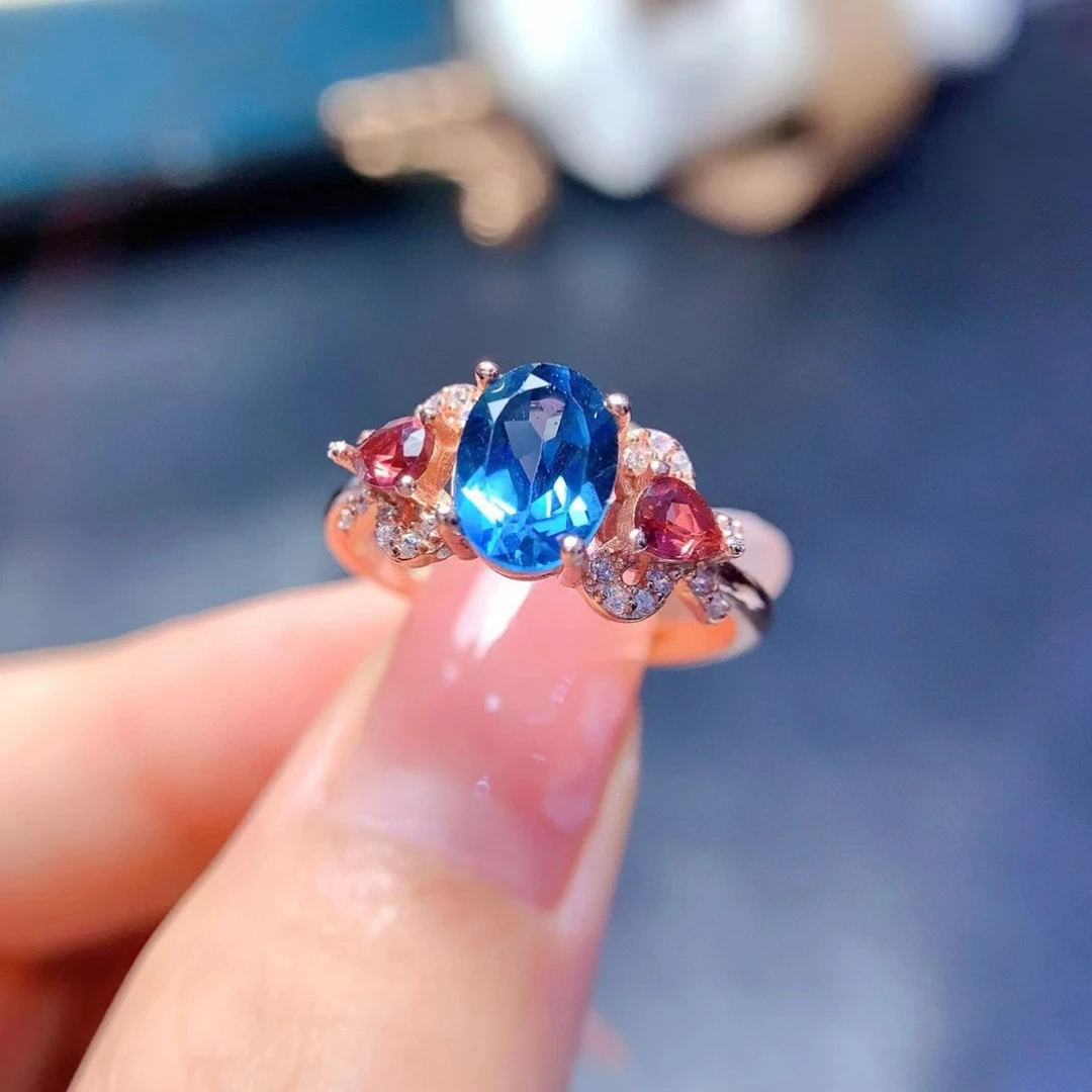 Natural London Blue Ring for Party 6mm*8mm 1ct VVS Grade Topaz 925 Silver Ring with 18K Gold Plated Gemstone Jewelry